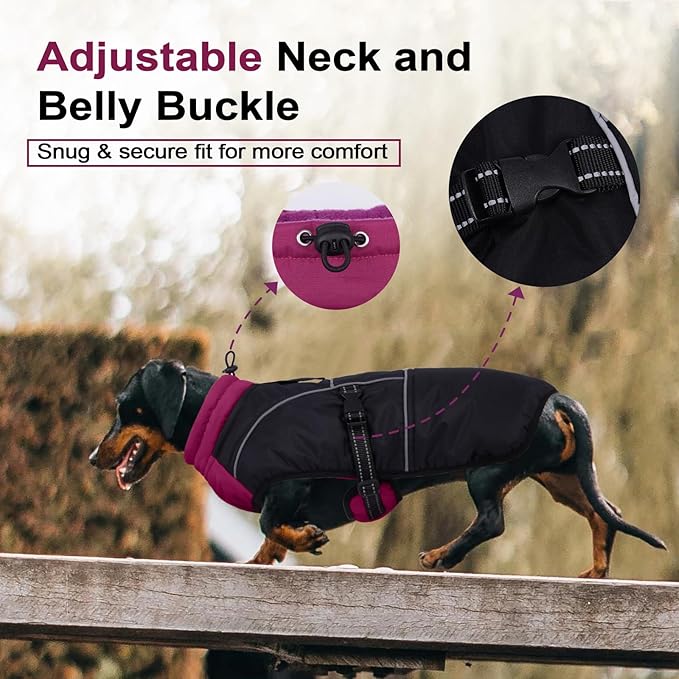 Lelepet Dachshund Coat Warm Dog Winter Coat Waterproof Dog Jacket with Fleece Lining, Reflective Outdoor Dachshund Snowsuit with Leash Hole Adjustable Neckline,Coats for Small Medium Dogs,Purple, M