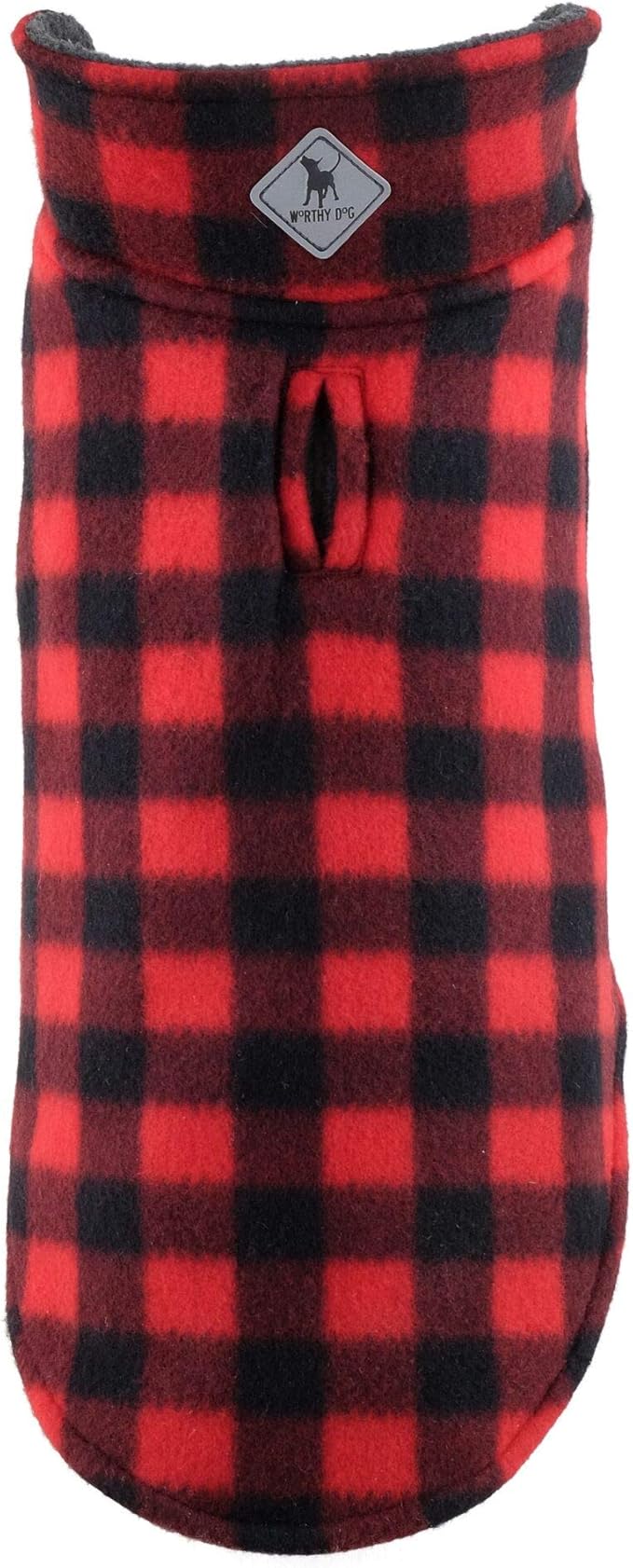 The Worthy Dog Fargo Fleece Buffalo Dog Jacket, Adjustable Reversible with Harness Hole, Wind-Resistant, Winter Outdoor Clothes for Pets, Red - 16''