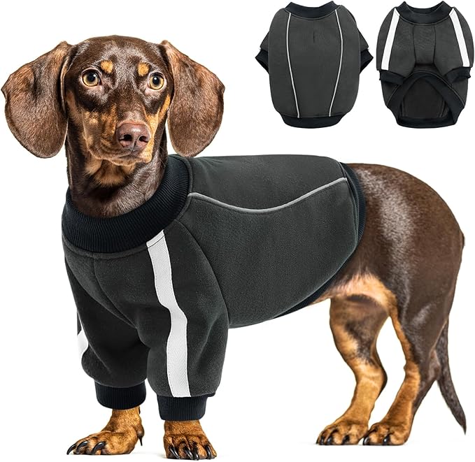Queenmore Fleece Dog Sweater for Male Dogs, Soft Pullover Dog Sweatshirt with Leash Hole/Reflective Stripes – Cozy Winter Fleece Jacket for Small Medium Large Boy Puppy, Grey XS