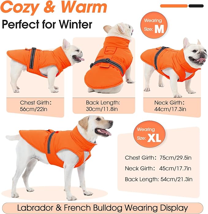 XXL Dog Coat, Warm Dog Winter Jacket, Waterproof Dogs Snowsuit With Foldable High Collar, Reflective Strips, Leash Hole, And Adjustable Hook & Loop Closure - Ideal For Cold Weather - Orange XXL