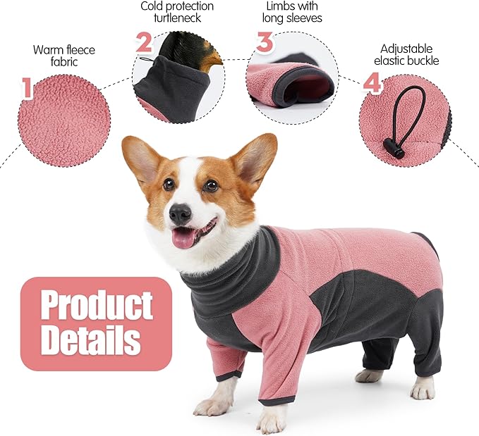 Winter Dog Coat, Warm Fleece Jacket, Windproof Pullover Bodysuit, Fullbody Dog Pajamas Onesie - Cold Weather Clothes (Large, Pink)