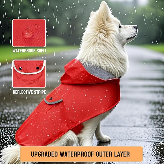 Dog Raincoat Dogs Rain Jacket Reflective Poncho Rainwear Waterproof Pet Clothes Warm Lined Pocket Hooded Leash Hole Adjustable Small Medium Dogs,Red,XL,Back Length 14.0 Inch