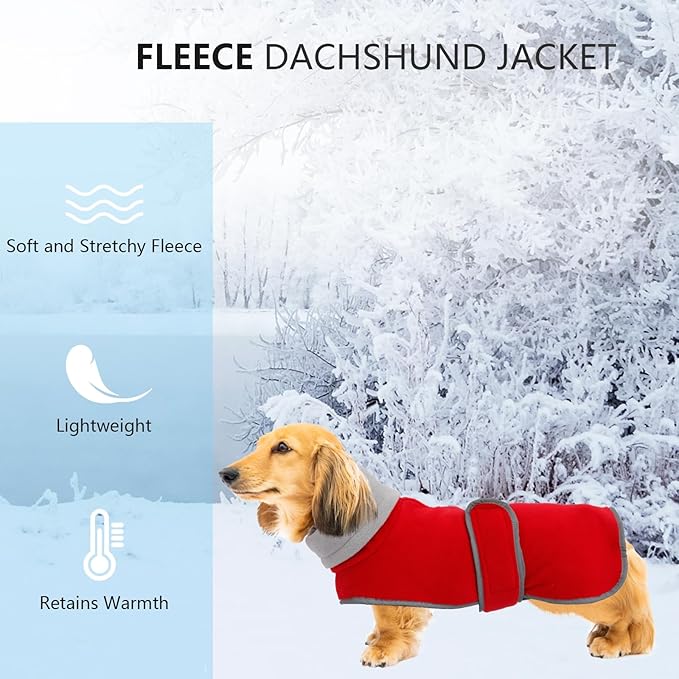 Geyecete Dachshund Sweaters for Dogs, Dachshund Coat Perfect Dog Winter Coat with Padded Fleece Lining and High Collar, Dog Snowsuit with Adjustable Bands - Red - M