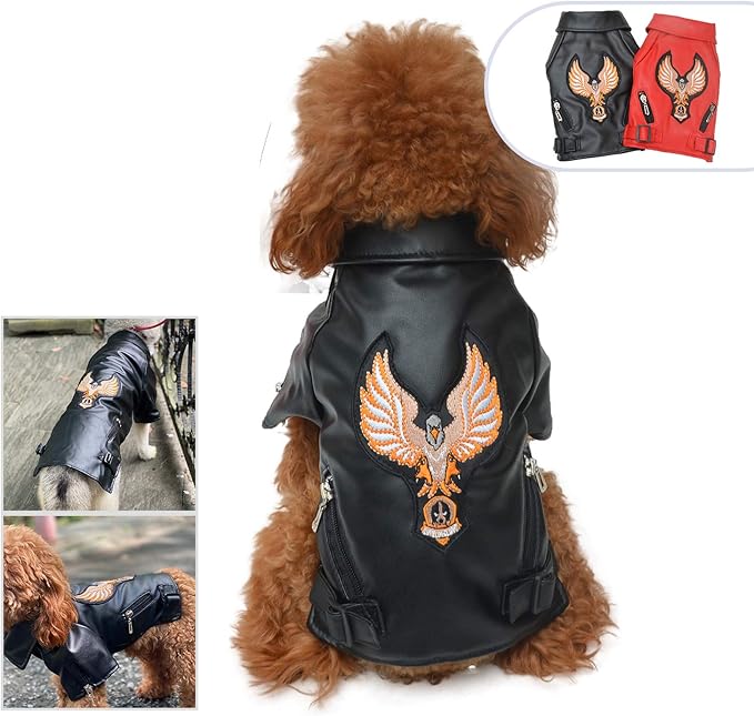 Lovelonglong Cool Dog Leather Jacket, Warm Coats Dogs Windproof Cold Weather Coats for Large Medium Small Dogs with Eagle Embroidery Black L