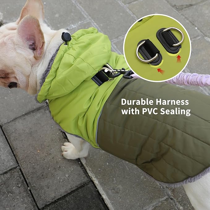 Detachable Hooded Dog Coat with Harness for Small Dogs,Super Warm Fleece Puppy Jacket for Cold Winter Doggie Coats,Green XS