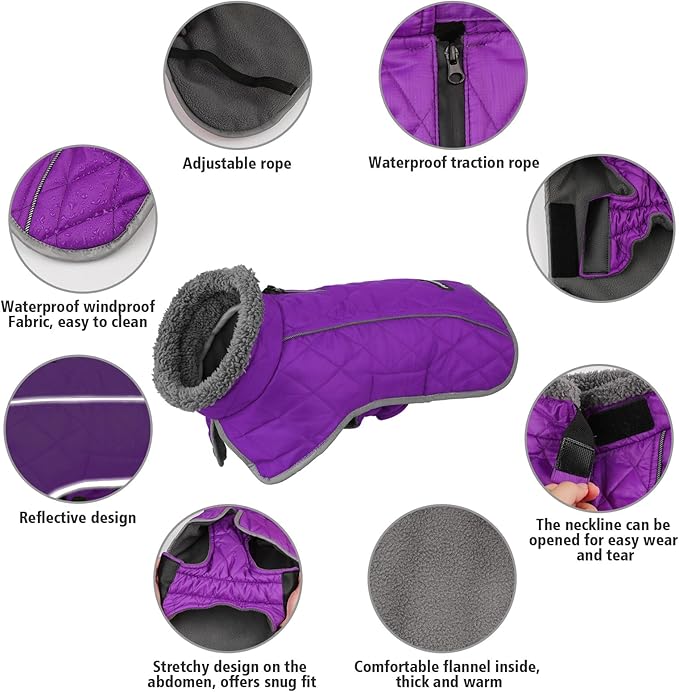 Fragralley Dog Coat Large, Waterproof Dog Jacket with Warm Fleece Lining, Adjustable Reflective Dogs Winter Coat, Turtleneck Pet Coats for Cold Weather (Purple L)