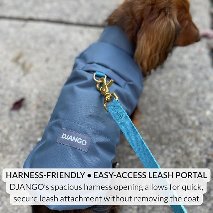 DJANGO Reversible Puffer Dog Coat – Warm Winter Dog Jacket & Water-Repellent Insulated Dog Coat w/Harness Hole, Windproof, Adjustable Fit for Small & Medium Dogs, Dachshunds – Twilight Blue, X-Small