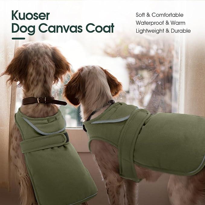 Kuoser Canvas Dog Coat, Warm Dog Jacket Reflective Fleece Pet Cold Weather Coat, Warm Doggie Clothes Waterproof Winter Vest with Zipper Leash Hole for Small Medium Large Dogs, Army Green M