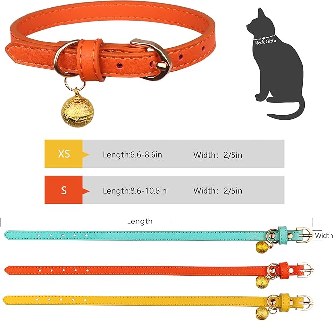 3 Pack Leather Cat Collars with Bells Soft Pet Safety Collar Kitten Collars with Bell Orange Yellow Mint Green(XS)