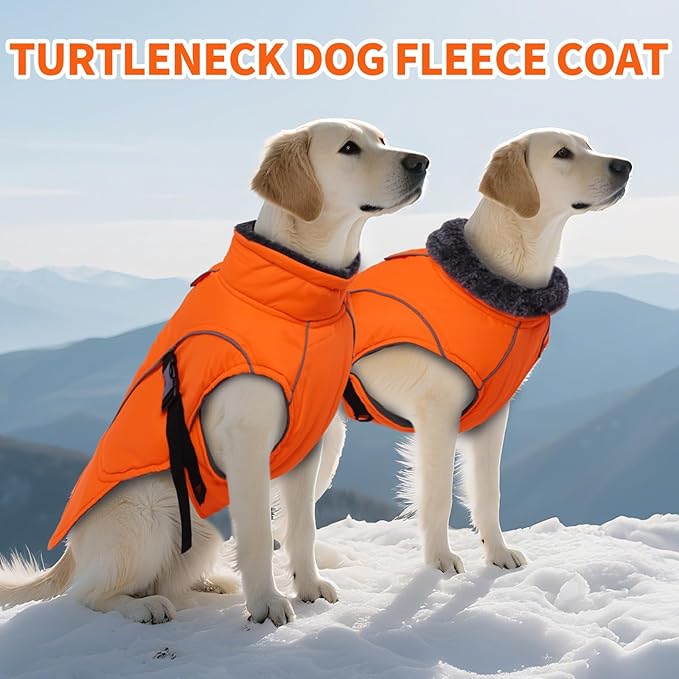 DENTRUN Large Dog Coat - Thick Fleece Lined Reflective Winter Jacket, Snap Closure & Leash Hole, Warm Thick Fleece Lined, Plush Turtleneck Vest for German Shepherd, Orange, XXL