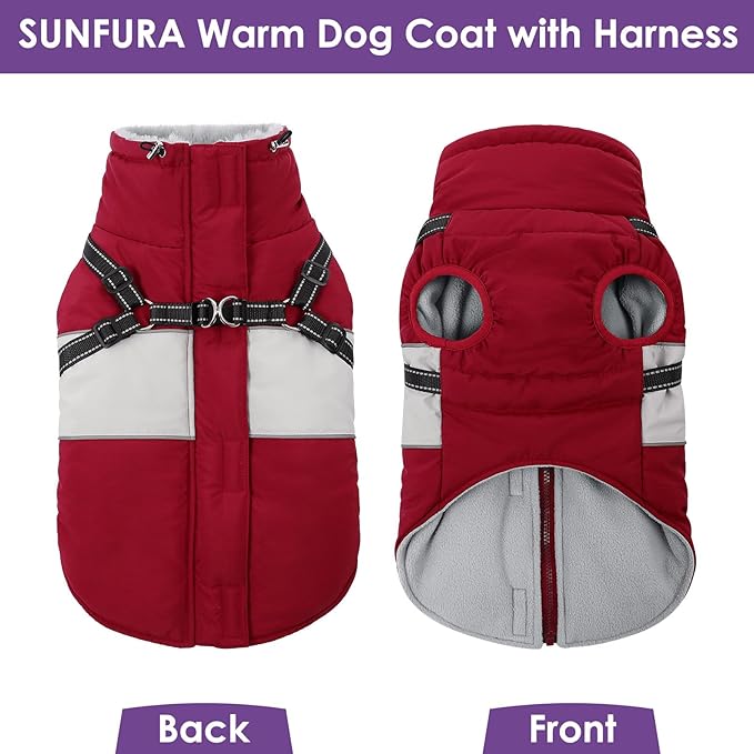 SUNFURA Dog Coat for Large Dogs, Warm Pet Jacket Winter with Harness Built in, Waterproof Pet Snow Jacket with Furry Collar, Reflective Fleece Snowsuit for Extra Large Dogs, Burgundy XL