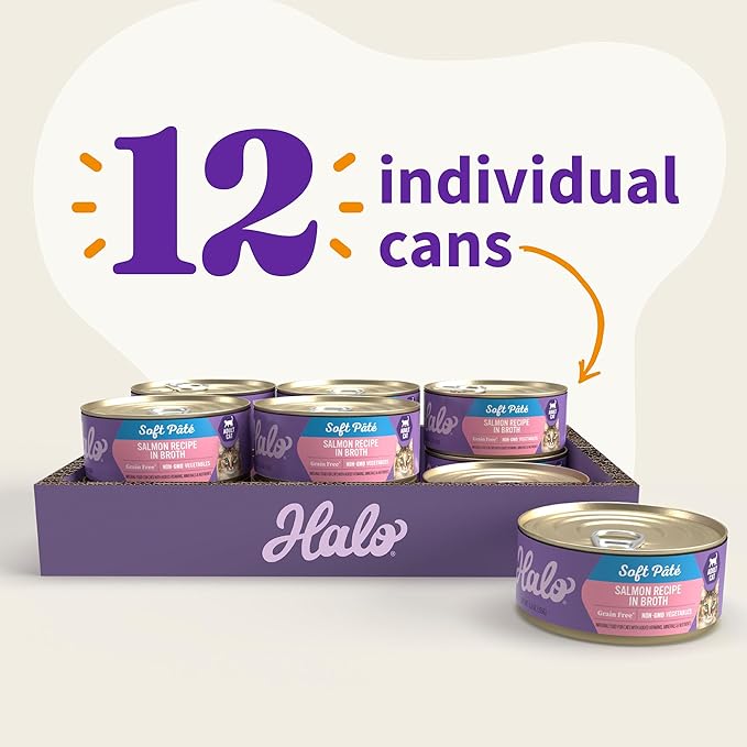 Halo Wet Cat Food Whole Salmon Stew Recipe, Grain Free Wet Cat Pate, Canned Cat Food for Extra Hydration, 5.5 Oz Can (Pack of 12)
