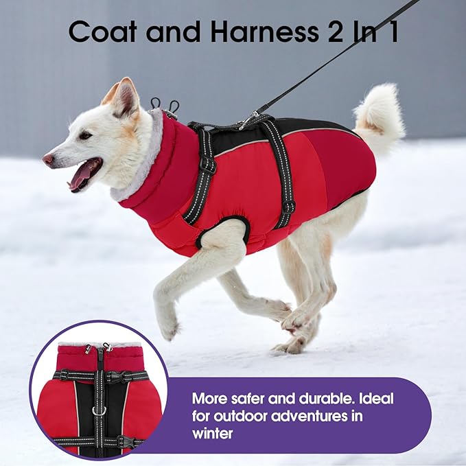 SUNFURA Dog Winter Coat, Warm Dog Coat with Harness for Medium Dogs Boys Girls, Reflective Fleece Lined Pet Winter Jacket Snowsuit for Pug, Jack Russel, Schnauzer, Red M