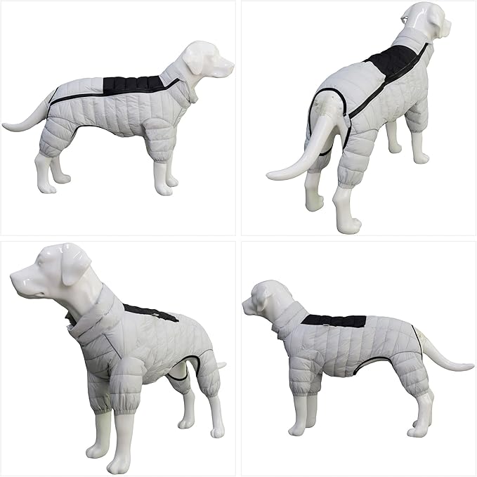lovelonglong Dog Coat Dog Warm Jacket, 4 Legs Covered Waterproof Windproof Reflective Warm Dog Vest, Zippered Adjustable Outdoor Dog Snow Jacket for Small Medium Large Dogs Off White S