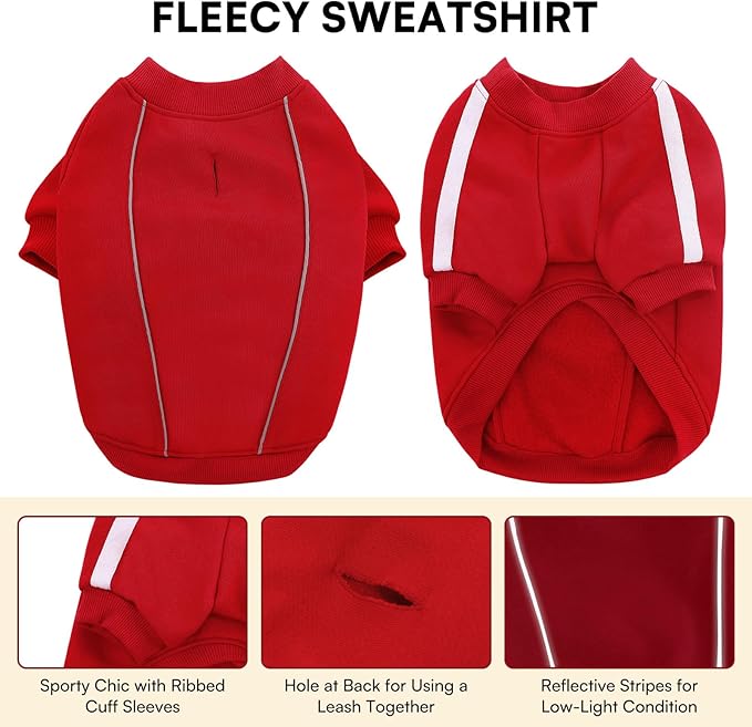Queenmore Large Christmas Dog Sweater, Cozy Fleece Dog Sweatshirt, Warm Winter Fleece Jacket for Small, Medium & Large Dogs with Leash Hole/Reflective Stripes Red