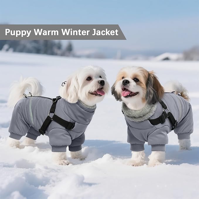 BRKURLEG Grey Dog Winter Coat, Cozy Winter Dog Jackets, Small Dogs Coat with Harness, Onesie Body Warm Puppy Jacket, Pet Reflective Windproof Cold Weather Jackets, Puppy Four-Legged Puffer Coats, L