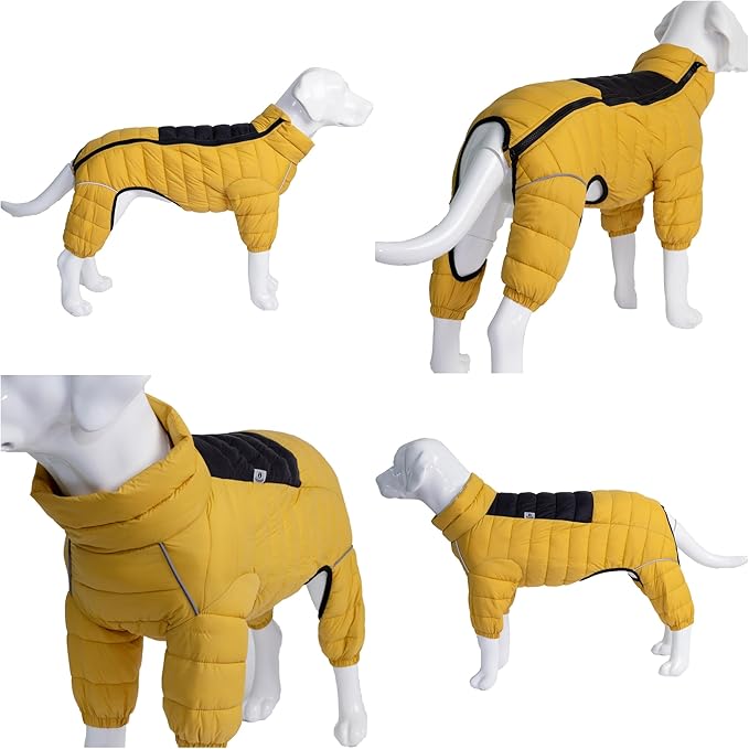 Lovelonglong Dog Coat Dog Warm Jacket, 4 Legs Covered Waterproof Windproof Reflective Warm Dog Vest, Zippered Adjustable Outdoor Dog Snow Jacket for Small Medium Large Dogs Yellow XXL