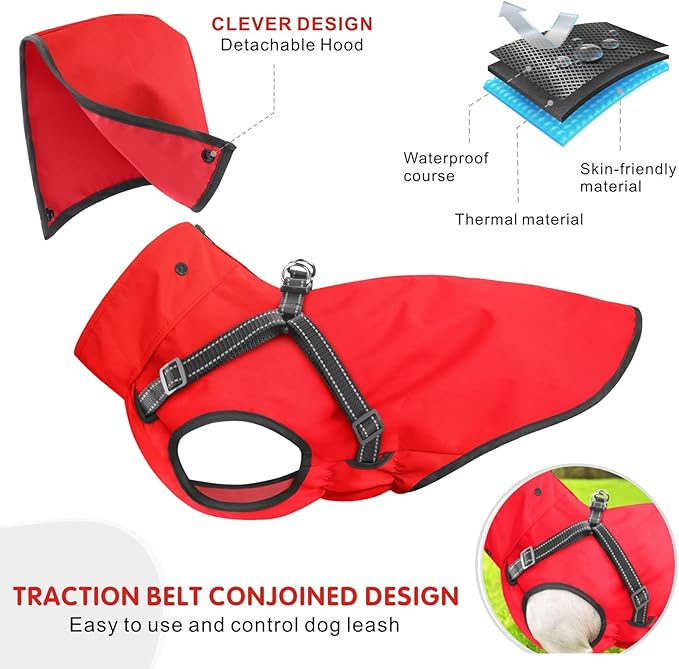 Mosucoirl Dog Raincoat Waterproof Dog Hoodie Reflective Dog Raincoat Hooded Adjustable Rain Jacket for Small Medium Large Dogs Puppies (Red, XL)