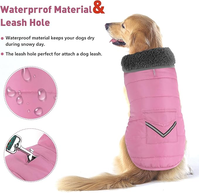 Dog Coat, Waterproof Dog Winter Jacket with Pocket, Reflective Adjustable Pet Snow Vest, Warm Cozy Fleece Sweater for Small Medium Extra Large Dogs - Light Pink, S