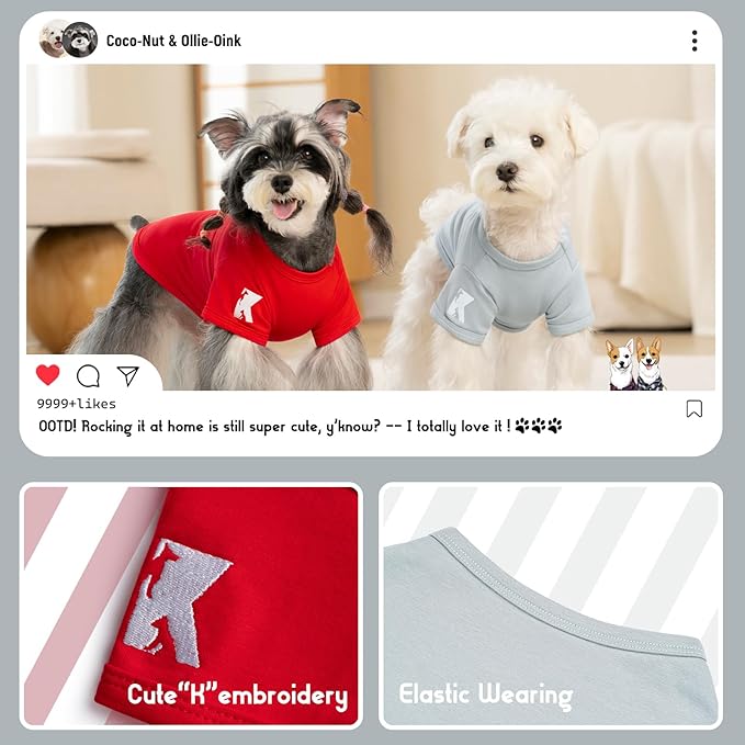 Koneseve Dog Shirt Breathable Cotton Stretchy Clothes for Small Pets 2-Pack Sunny Red & Smoky Blue L
