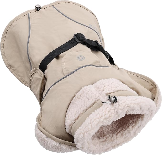 Adjustable Dog Coat with Harness Slot, Waterproof Fleece Lined Winter Jacket, Windproof Reflective Pet Vest for Cold Weather for Small Medium Large Dogs (Beige, Medium)