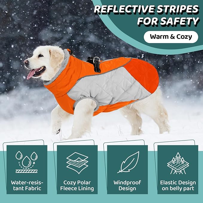 AOFITEE Dog Coat, Dog Winter Coat, Reflective Small Dogs Jacket with Harness Built in and Fleece Lined, Waterproof Pet Winter Jacket Warm Snowsuit for Small Medium Large Dogs, Orange XS