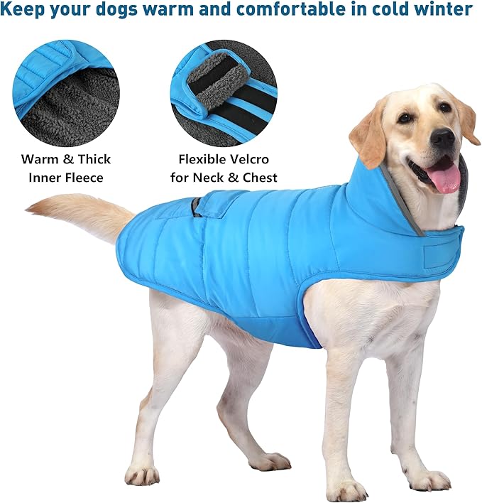 Dog Coat, Waterproof Dog Winter Jacket with Pocket, Reflective Adjustable Pet Snow Vest, Warm Cozy Fleece Sweater for Small Medium Extra Large Dogs - Sky Blue, L