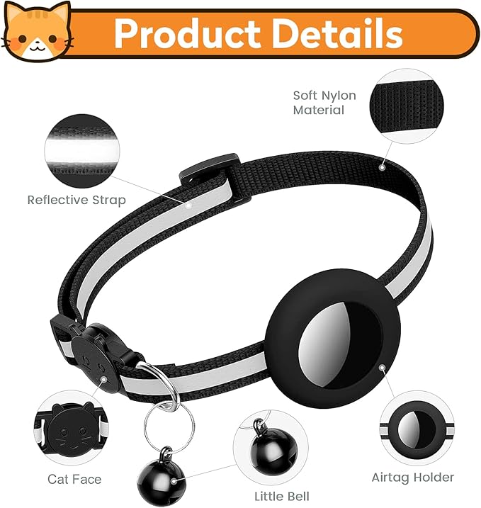 2 Pack Airtag Cat Collar with Bell, Reflective Nylon Kitten Collar with Apple Air Tag Holder and Breakaway Safety Buckle for Puppy Girl Boy Cats, 3/8" in Width and Lightweight, Purple