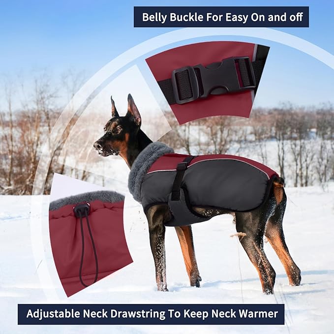 IECOii Extra Warm Dog Coat - Reflective, Adjustable Winter Jacket with Buckle & Fleece Turtleneck Dog Jackets for Small Dogs, Waterproof & Windproof Fleece Vest for Cold Weather, Burgundy, Small