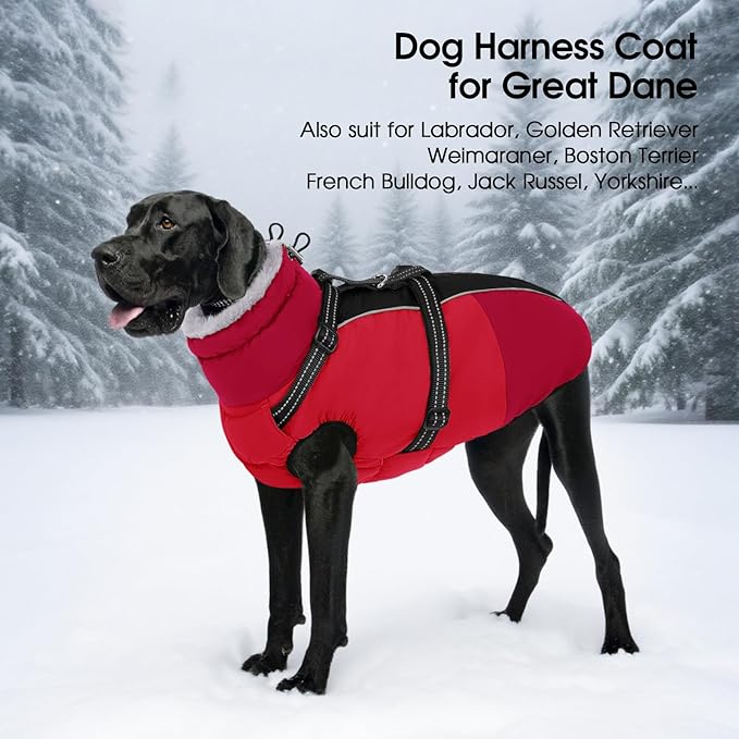 SUNFURA Large Dog Coat with Harness Built in, Warm Dog Jacket Waterproof Pet Winter Coat Snowsuit for Cold Weather, Reflective Fleece Jacket for Large Dogs, Border Collie, Red XL