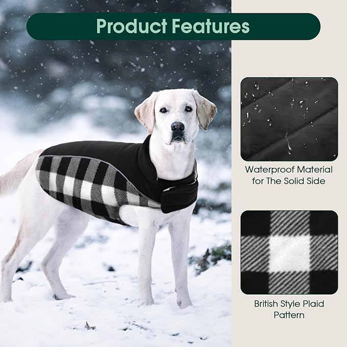 Kuoser Dog Winter Coat, Reversible Waterproof Dog Jacket with Reflective Strip, Warm Dogs Fleece Vest Adjustable Doggy Cold Weather Clothes Plaid Christmas Outfit Pet Apparel for Large Dogs, Black 2XL