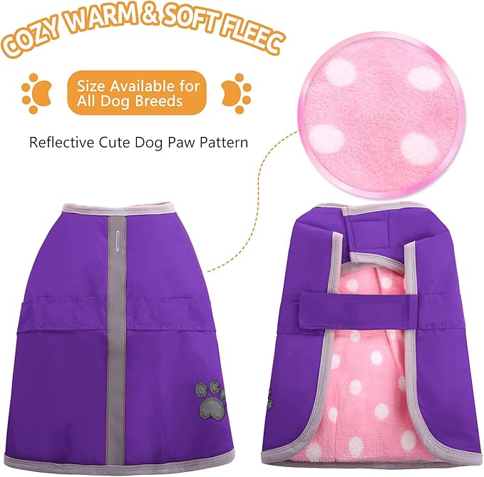 Queenmore Dog Winter Coat, Cold Weather Fleece Jacket for Dogs, Waterproof Reflective Reversible, for Small, Medium and Large Dogs (Purple, XS)