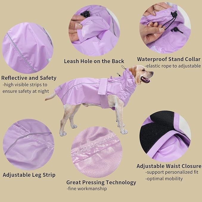 Adjustable Waterproof Dog Raincoat for Dogs,Lightweight Pet Rain Jacket Puppy Clothes with Reflective Strip for Small Medium Large Dogs (Light Purple, Small)