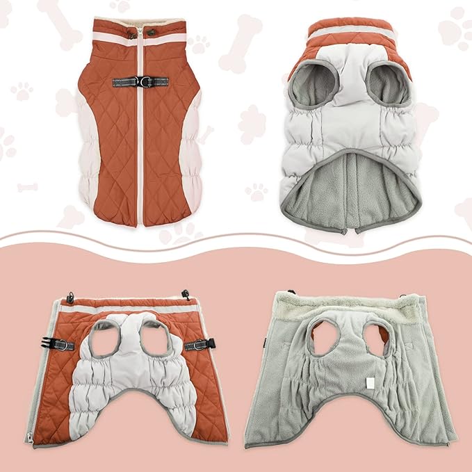 Lelepet Dog Coat Warm Dog Winter Coat Waterproof Dogs Jacket with Harness Built in Reflective Pet Fleece Vest Zip-Up Cold Weather Coats for Large Dogs Turtleneck & Windproof Coats Boston Terrier Brown