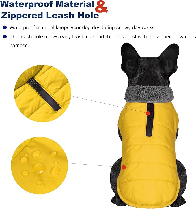 Dog Winter Coat, Waterproof Dog Jacket with Leash Hole, Reflective Adjustable Pet Snow Vest, Warm Fleece Sweater for Small Medium Large Dogs - Yellow, XS
