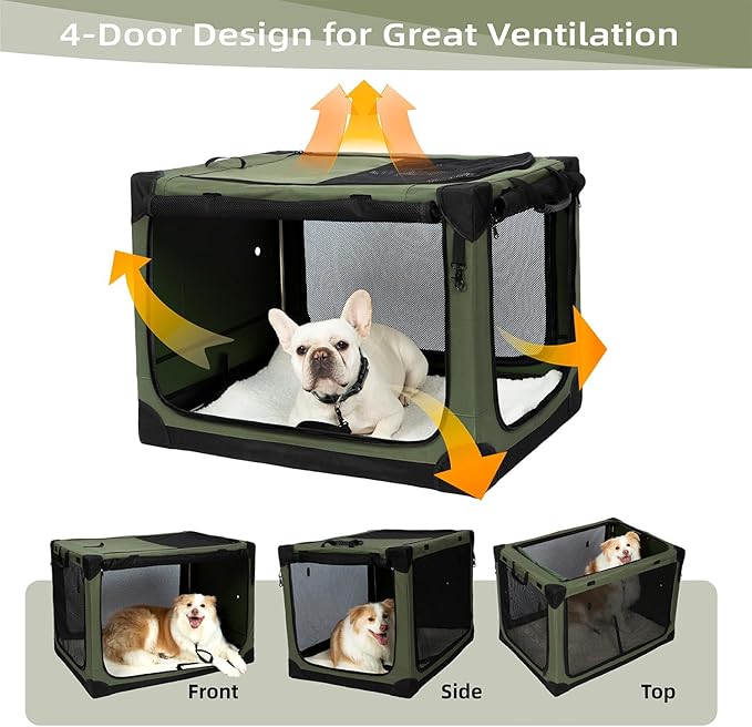 Pettycare Portable Travel Dog Crate 4-Door Soft Sided 30 Inch Collapsible Dog Crate with Curtains Durable Mesh Foldable Pet Kennel Soft Crates for Medium Dogs Indoor & Outdoor Olive Green