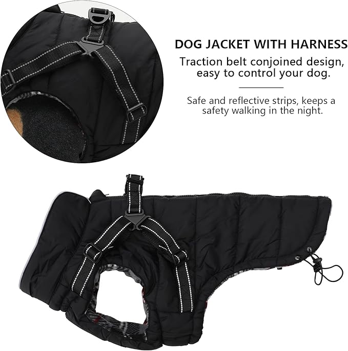 Geyecete Winter Warm Coat Waterproof Dog Winter Jacket with Harness Traction Belt,Pet Outdoor Jacket Dog Autumn and Winter Clothes for Medium, Small Dog-Black-S