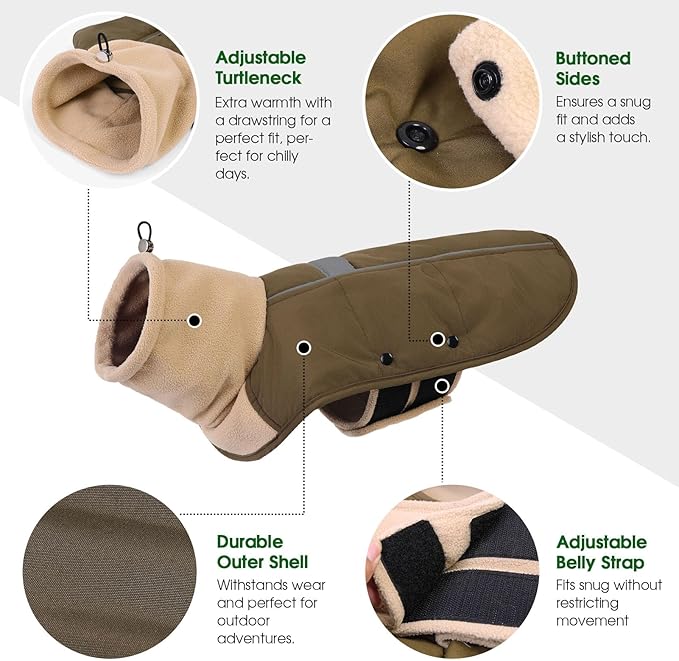 ASENKU Dog Coat, Dog Winter Jackets with Fleece Turtleneck, Windproof, Reflective Pet Snow Jacket for Cold Weather, Coats for Extra Large Size Dogs Army Green, XXXL