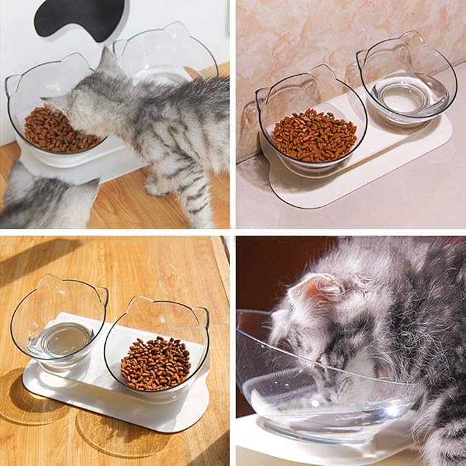 Luck Dawn Double Elevated Cat Bowls with Raised Stand, 15 Tilted cat Design Neck Guard Stand Pet Food Water Feeder Bowl for Cats or Small Dogs