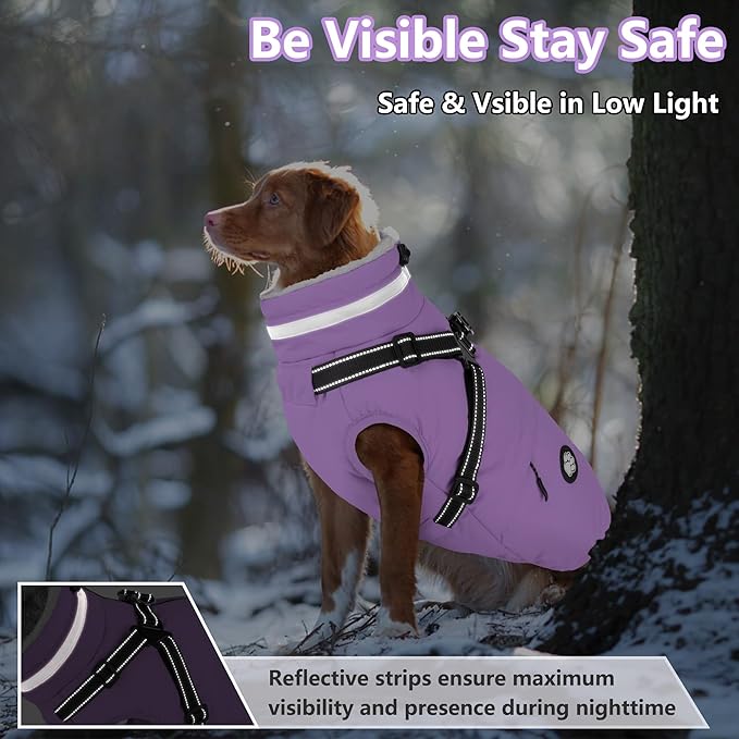 Dogcheer Dog Coat with Harness, Waterproof Dog Jacket, Reflective Puppy Winter Jacket with Pocket, Doggy Turtleneck Fleece Vest for Small Medium Large Dogs - Taro Purple, 3XL