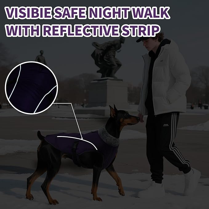 DENTRUN Extra Large Warm Dog Jacket - Windproof Water Repellent Reflective Coat, Adjustable Plush Turtleneck, Easy Wear Fleece Lined Cold Weather Vest for Great Dane, Purple, XXXL