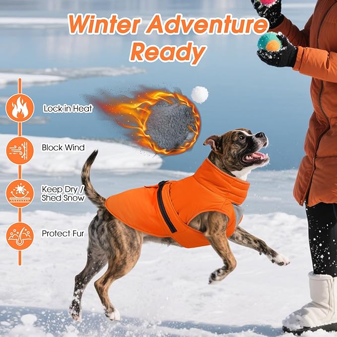 Large Dog Coat, Warm Dog Winter Jacket, Waterproof Dogs Snowsuit With Foldable High Collar, Reflective Strips, Leash Hole, And Adjustable Hook & Loop Closure - Ideal For Cold Weather - Orange L