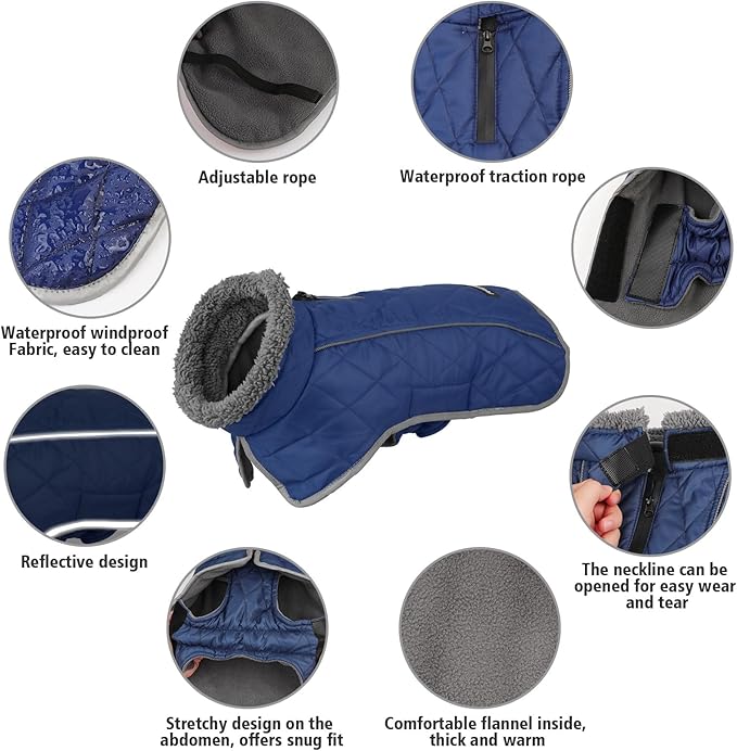 Fragralley Dog Coat Large, Waterproof Dog Jacket with Warm Fleece Lining, Adjustable Reflective Dogs Winter Coat, Turtleneck Pet Coats for Cold Weather (Blue XL)