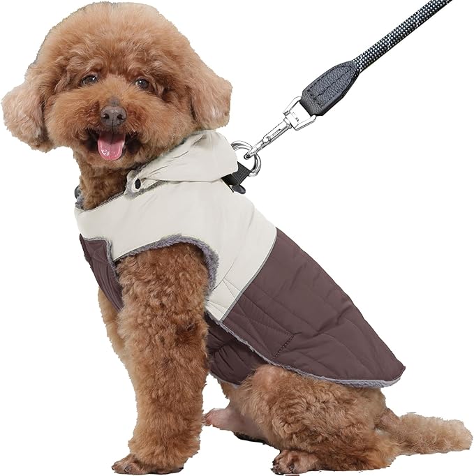 Detachable Hooded Dog Coat with Harness for Small Dogs,Super Warm Fleece Puppy Jacket for Cold Winter Doggie Coats,Brown M