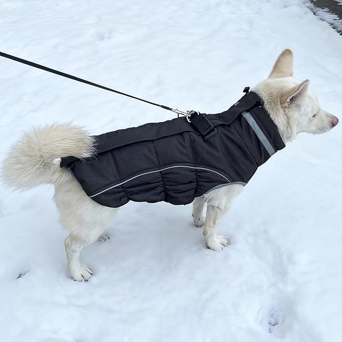 Malier Dog Coat, Reflective Dog Jacket Waterproof Windproof Puppy Cold Weather Coats with Harness Built in, Winter Extra Warm Pet Coat Fleece Vest for Small Large Pets and Puppy (Black, X-Small)
