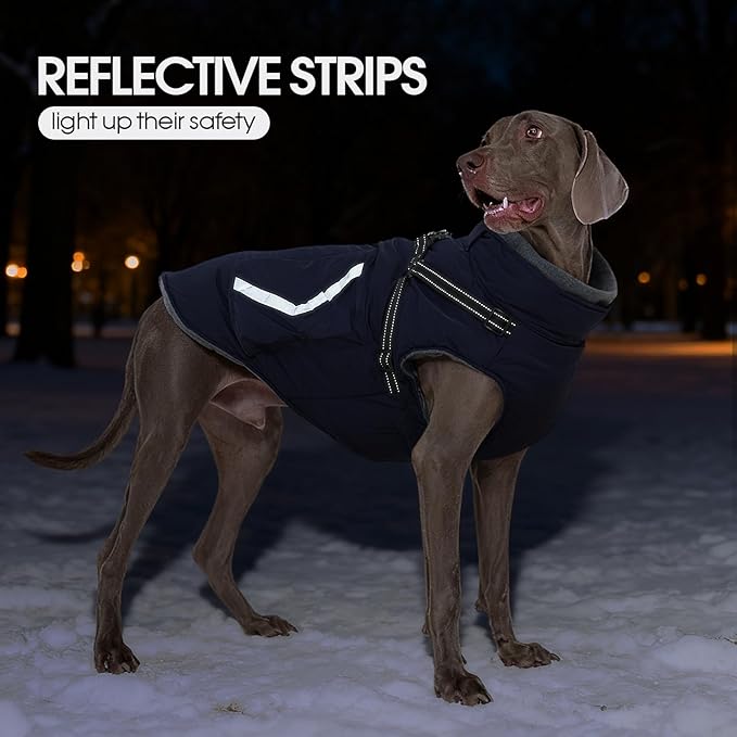 FUAMEY Fleece Lined Dog Coat, Warm Dogs Jacket with Harness, Pop Bag Pockets, Extra Large Doggy Thermal Vest Back Zipper Winter Suit, Snow Cold Weather Outfits, Cocker Spaniel (Dark Blue, 2XL)