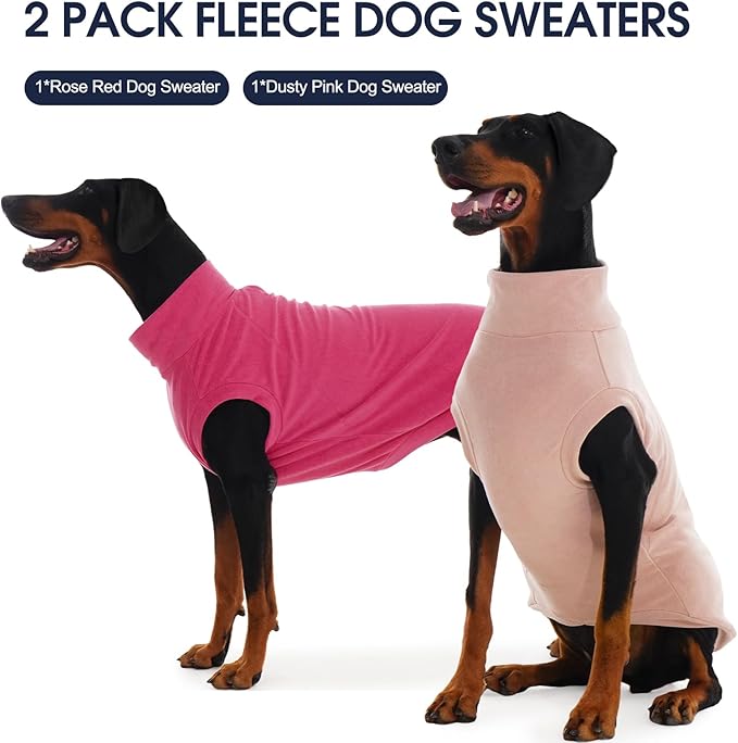 ‌IECOii 2 Pack Fleece Dog Sweater Pullover for Weiner, Cozy Stretchy Thermal Winter Clothes for Medium Breeds with Leash Hole, Soft Pet Hoodie for Indoor & Outdoor (Size L, Rose Red & Dusty Pink)