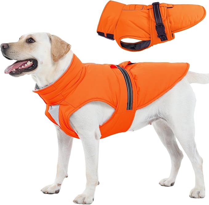 XL Dog Coat, Warm Dog Winter Jacket, Waterproof Dogs Snowsuit with Foldable High Collar, Reflective Strips, Leash Hole, and Adjustable Hook & Loop Closure - Ideal for Cold Weather - Orange XL