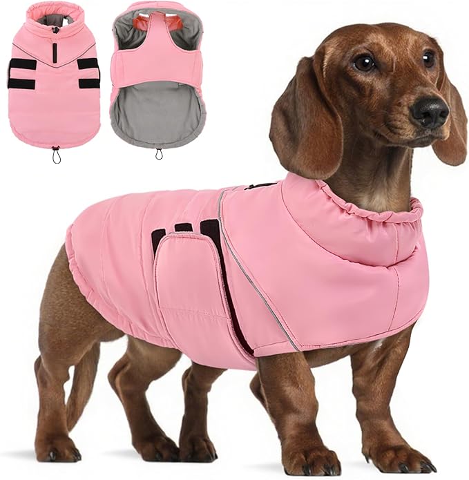 Peferhouse Medium Dog Winter Coat - Warm, Windproof Reflective Jacket with Harness Hole - Thick Dog Vest - Pink