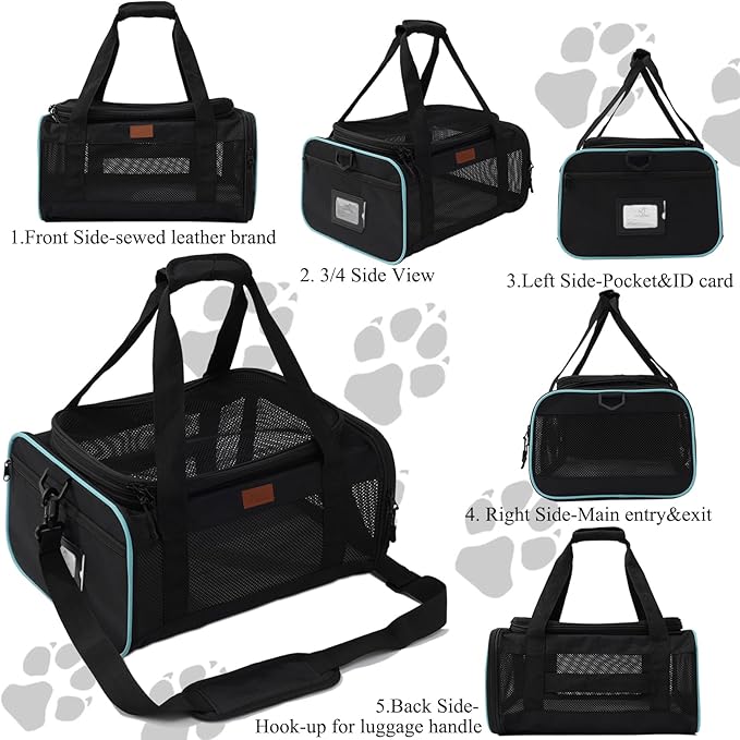 HSC PET Soft Cats Carrier Small Dog Carriers Airline Approved Softsides Pets Bag,Black,Lightweight,Luxury Style,Top Expandable,Guaranteed on Cabin Board Flight Travel Recommend Under 15 lbs (Black)
